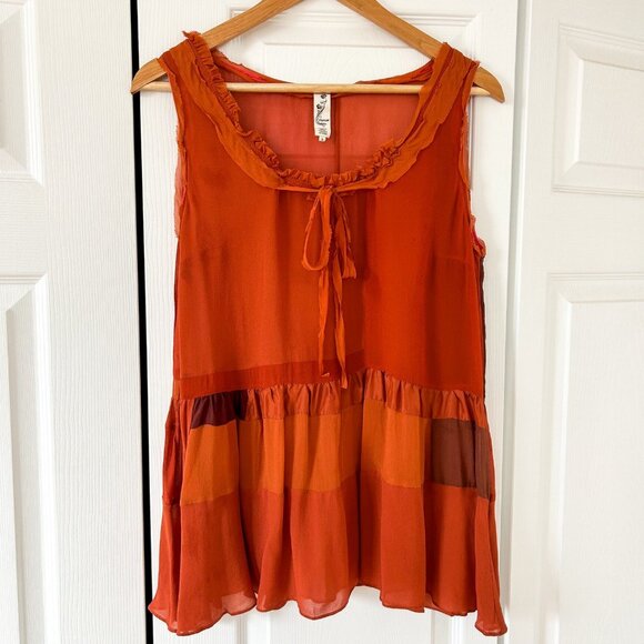 Floreat Anthropologie Silk Ruffle Neck Colorblock Tank Top Size Large - Picture 1 of 6